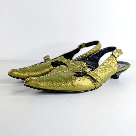 John Fluevog Kitten Heel Slingbacks 10 Green Metallic Leather Statement Shoes - Picture 16 of 16